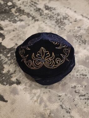 Embroidered Velvet Round Kazakh Takia Hat - Navy & Gold